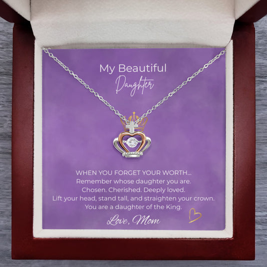 Silver and rose gold crown pendant necklace with a sparkling cubic zirconia center, displayed on a purple Christian daughter message card inside a luxury gift box.