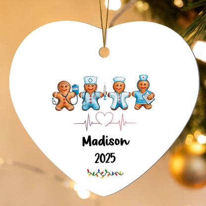 Personalized Nurse Gingerbread Heart Ornament | Custom Name; Year Christmas Gift for Nurses