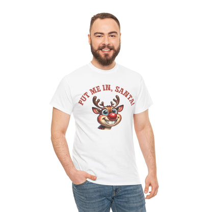 Put Me In, Santa Smiling Deer Unisex Heavy Cotton Tee – Fun and Festive Christmas Shirt