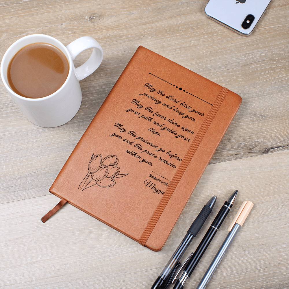 Personalized Christian Leather Journal Tulips– Numbers 6:24-27 Blessing Notebook | Graduation Gift, Birthday Gift, Faith Journal, Vegan Leather Journal