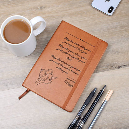 Personalized Christian Leather Journal Tulips– Numbers 6:24-27 Blessing Notebook | Graduation Gift, Birthday Gift, Faith Journal, Vegan Leather Journal