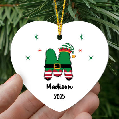 Personalized Elf Initial Heart Ornament 2025 – Custom Christmas Keepsake with Name; Year