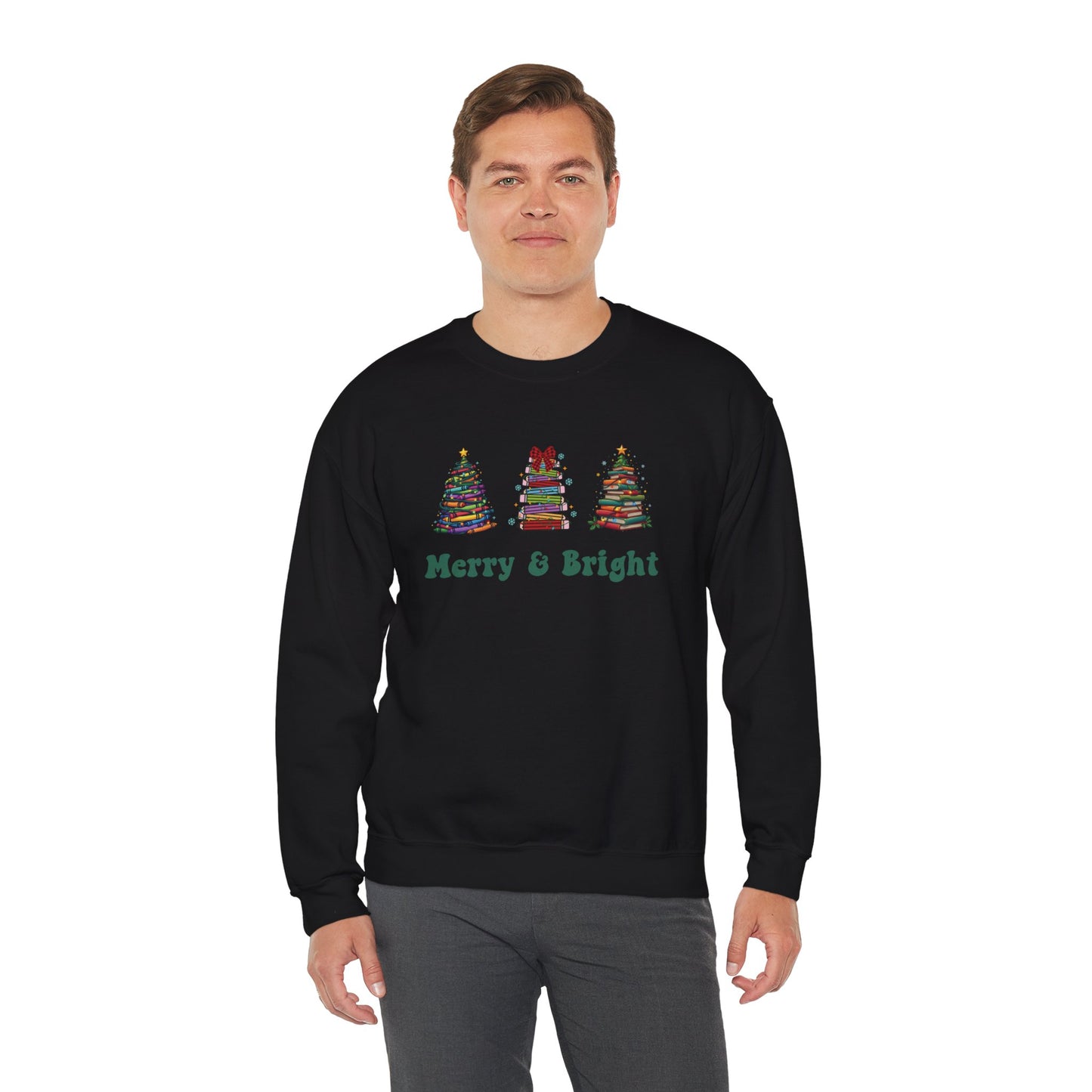 Merry & Bright Crayon, Pencil, and Book Christmas Sweatshirt | Cozy Unisex Holiday Crewneck