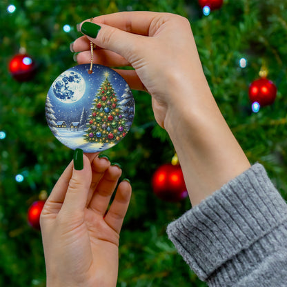 Festive Winter Scene with Christmas Tree & Full Moon Ceramic Ornament