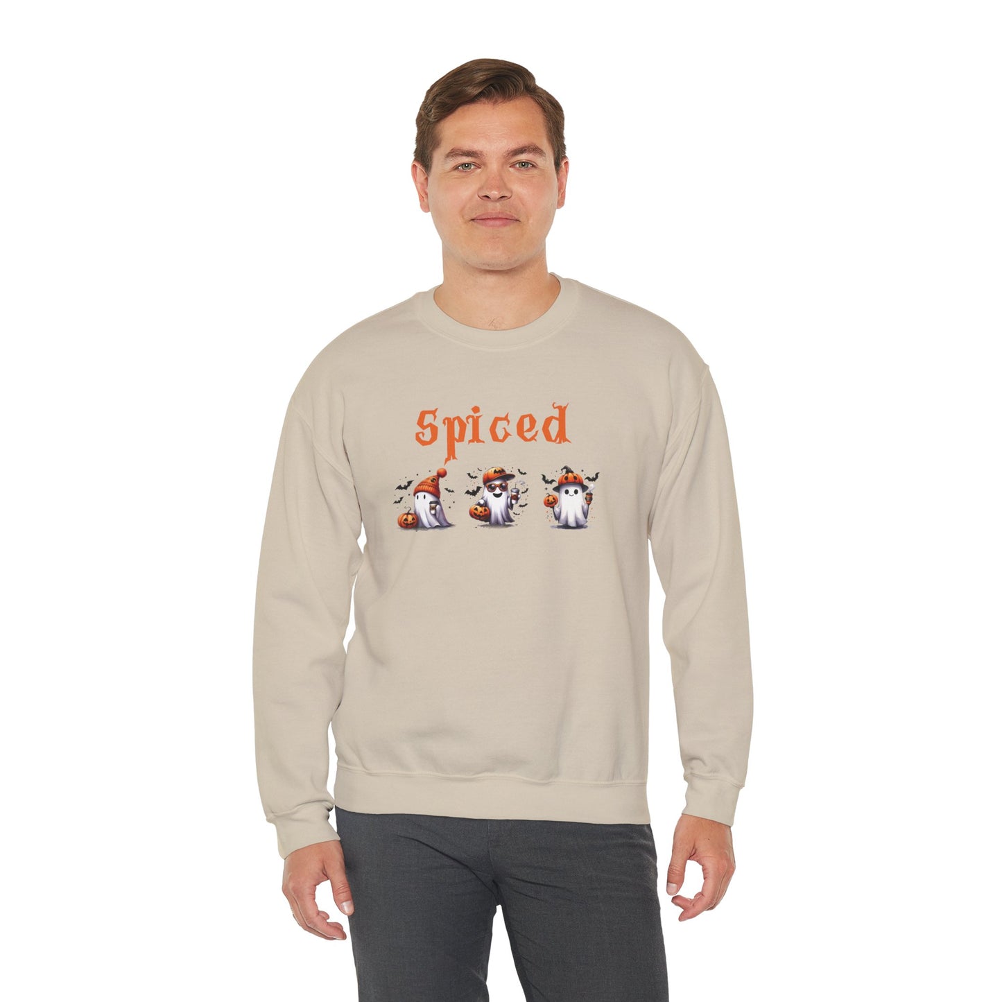 Spiced Boy Ghost Coffee Crewneck Sweatshirt with Pumpkins