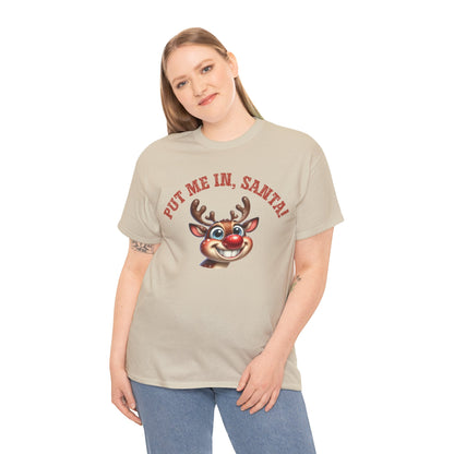 Put Me In, Santa Smiling Deer Unisex Heavy Cotton Tee – Fun and Festive Christmas Shirt