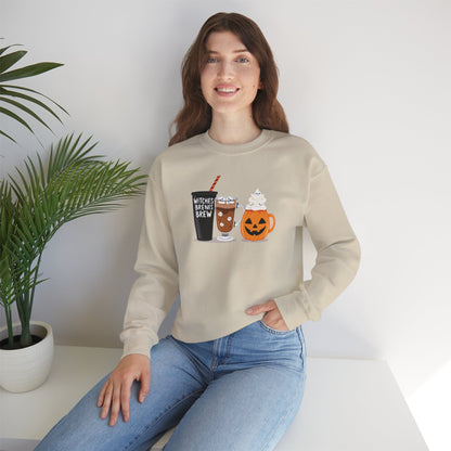 Witches Brew Halloween Sweatshirt – Cozy Unisex Fall Crewneck with Pumpkin &amp; Coffee Design