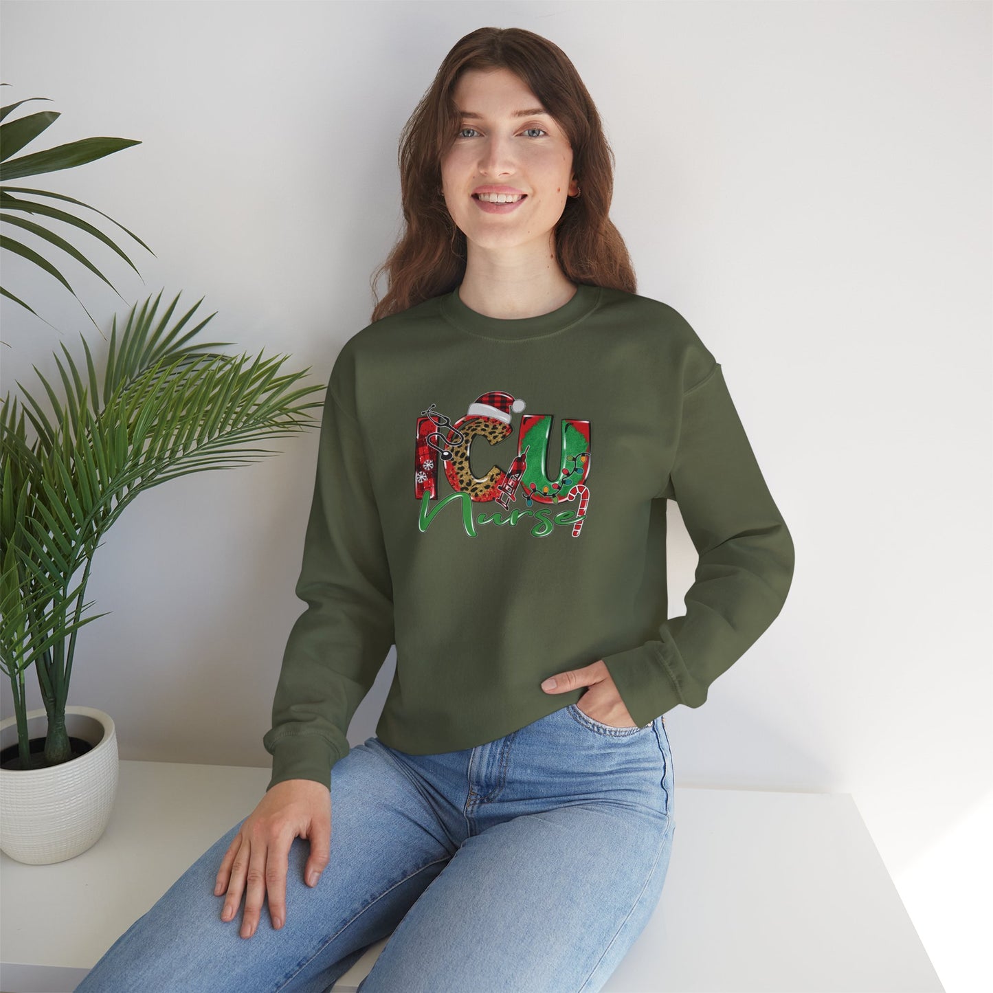 Festive ICU Nurse Christmas Sweatshirt – Cozy Unisex Crewnec