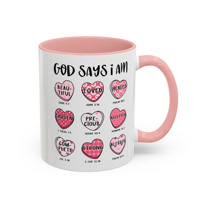 God Says I Am Inspirational Mug – Heart Design with Bible Verses, Comfort Grip Handle Accent Coffee Mug (11oz)