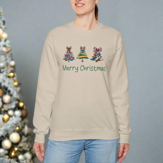 Merry Christmas Whimsical Christmas Trees  Cozy Unisex Holiday Crewneck