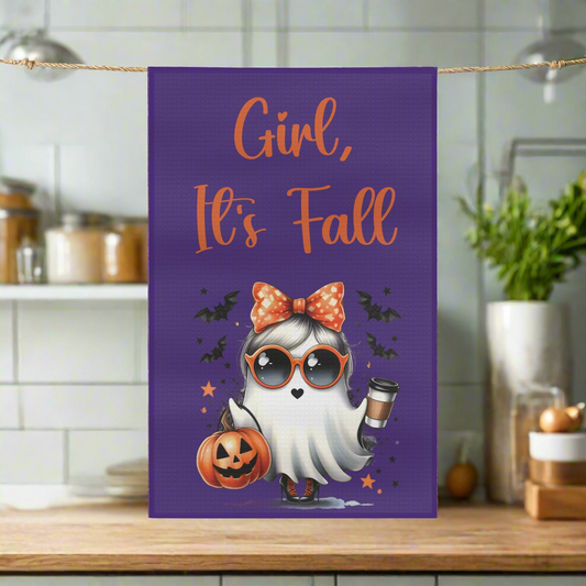 Kitchen Towel - Purple Girl, It's Fall Ghost Coffee Tea Towel