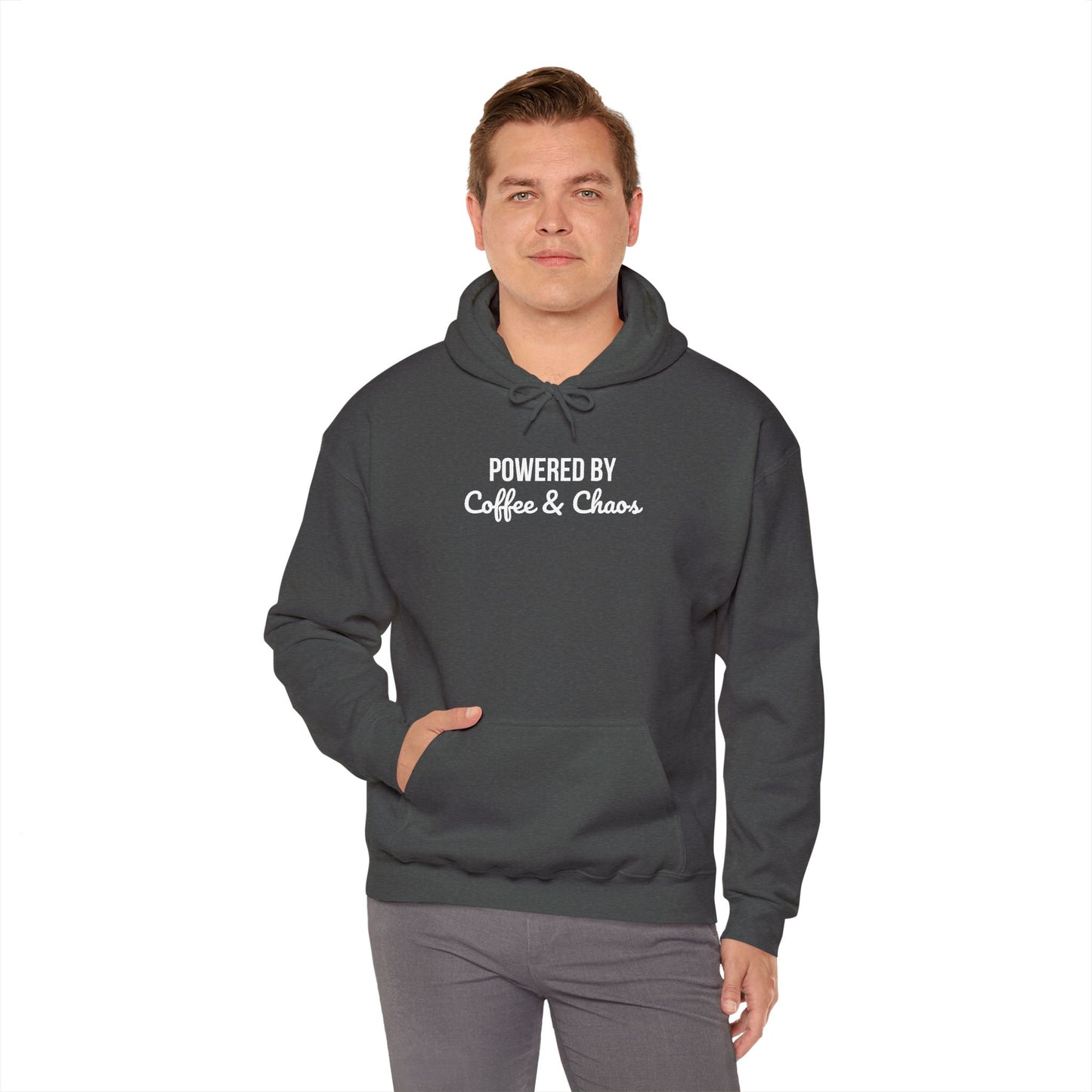 Coffee & Chaos Hoodie — "Powered by Coffee & Chaos" Graphic Hooded Sweatshirt