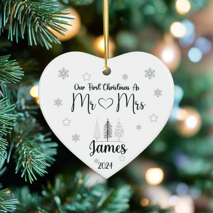 Personalized Circle or Heart Ornament-Featuring the heartfelt message "Our First Christmas as Mr. and Mrs."