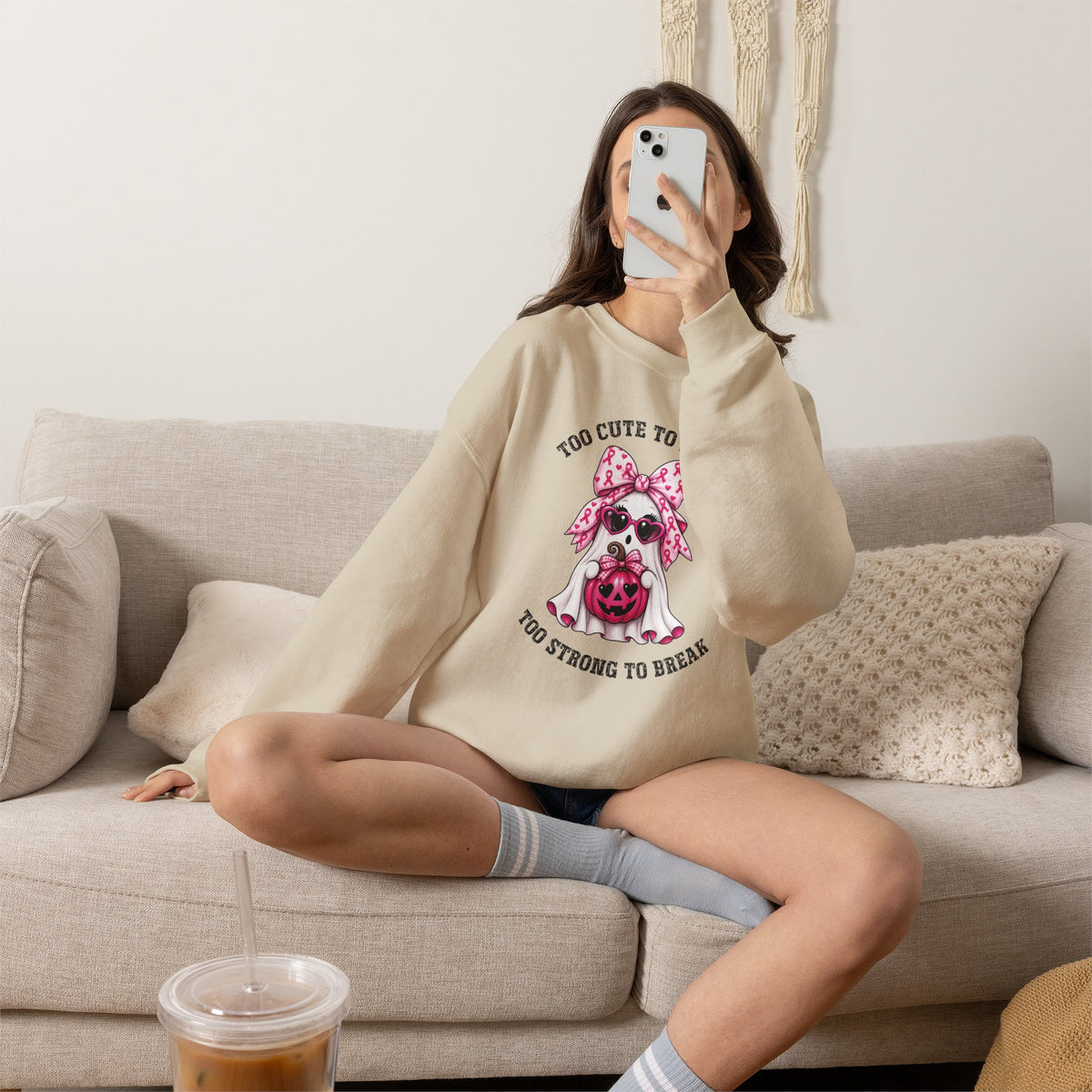Breast Cancer Awareness Halloween Sweatshirt – Pink Ribbon Ghost Pumpkin Crewneck