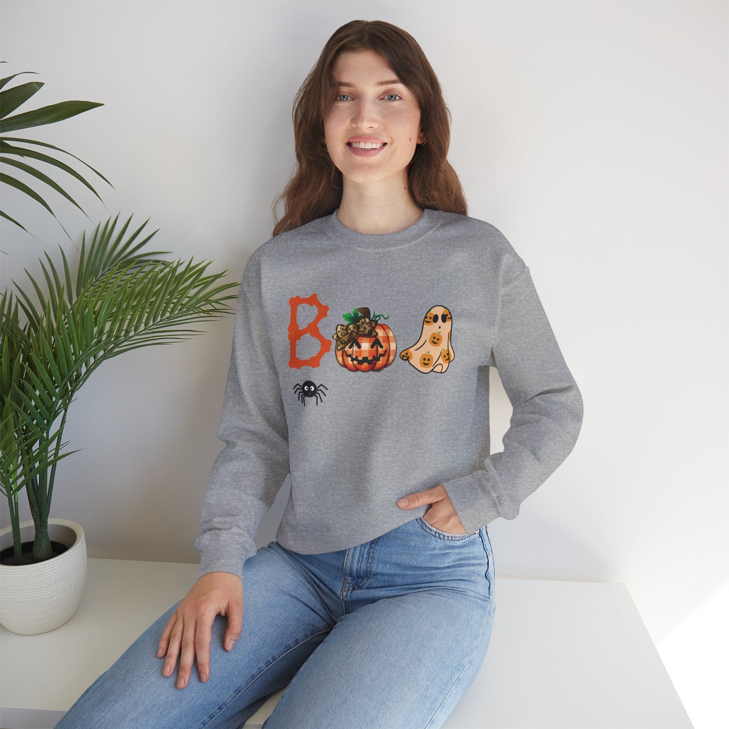BOO Halloween Sweatshirt – Unisex Cozy Fall Crewneck with Pumpkin, Ghost &amp; Spider Design