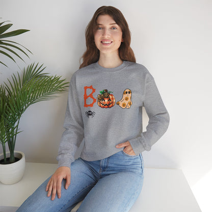 BOO Halloween Sweatshirt – Unisex Cozy Fall Crewneck with Pumpkin, Ghost &amp; Spider Design