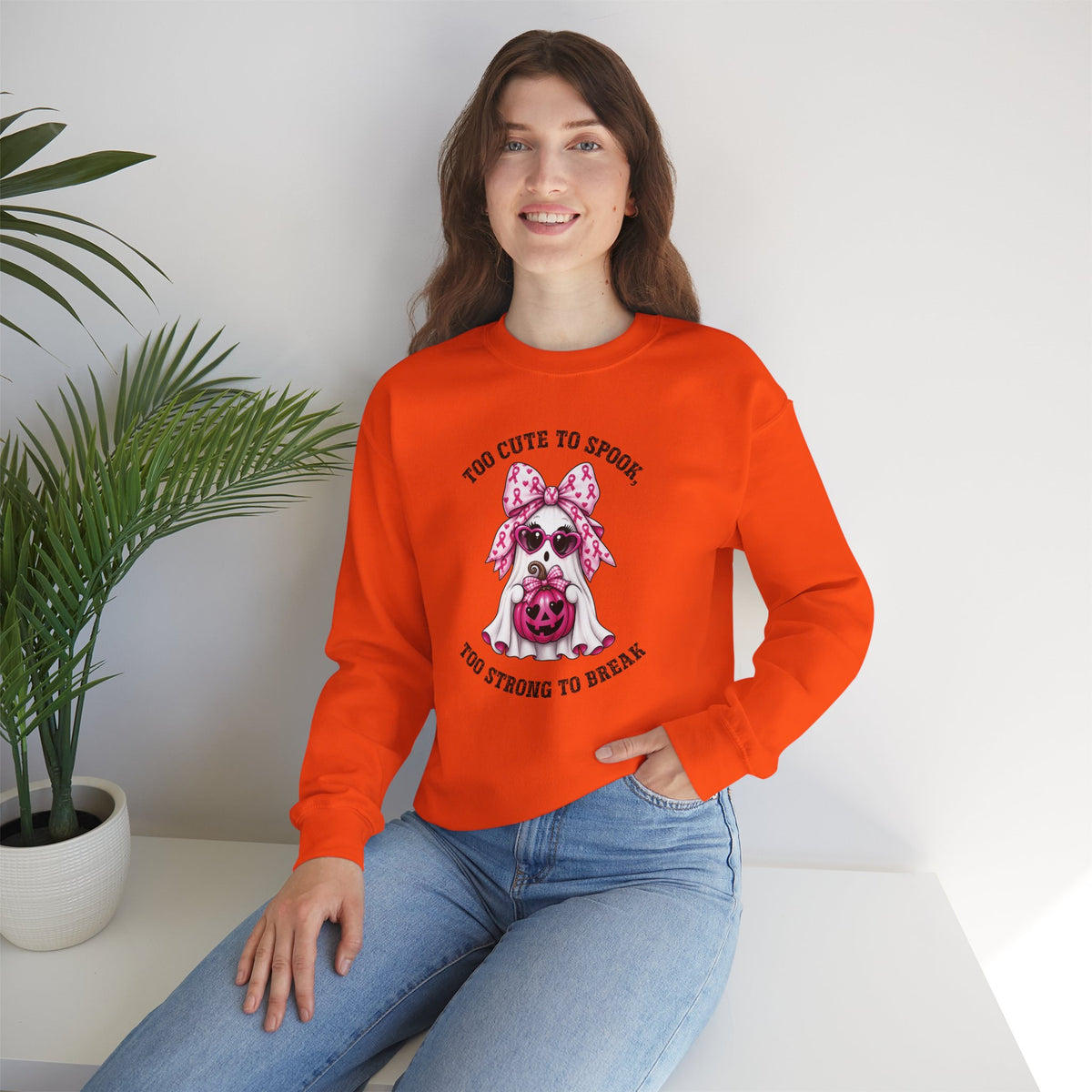 Breast Cancer Awareness Halloween Sweatshirt – Pink Ribbon Ghost Pumpkin Crewneck