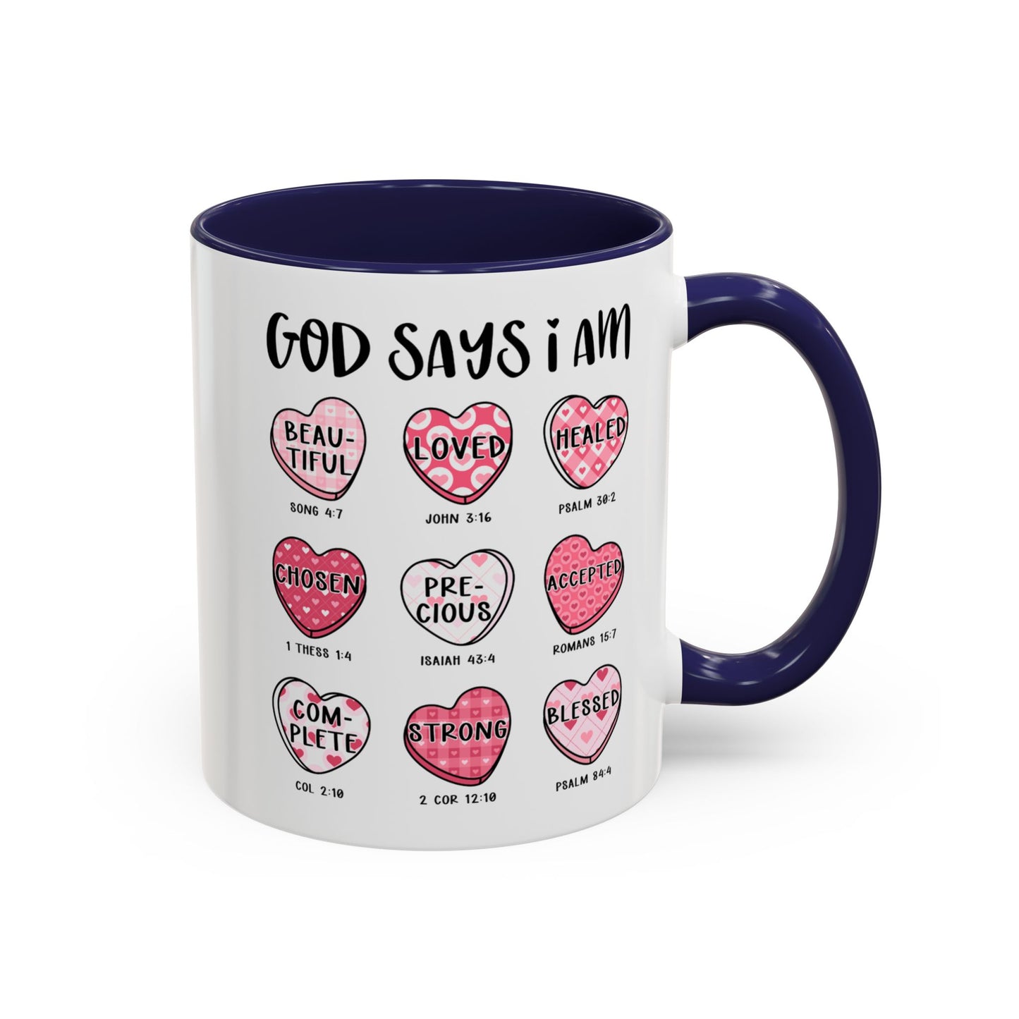 God Says I Am Inspirational Mug – Heart Design with Bible Verses, Comfort Grip Handle Accent Coffee Mug (11oz)