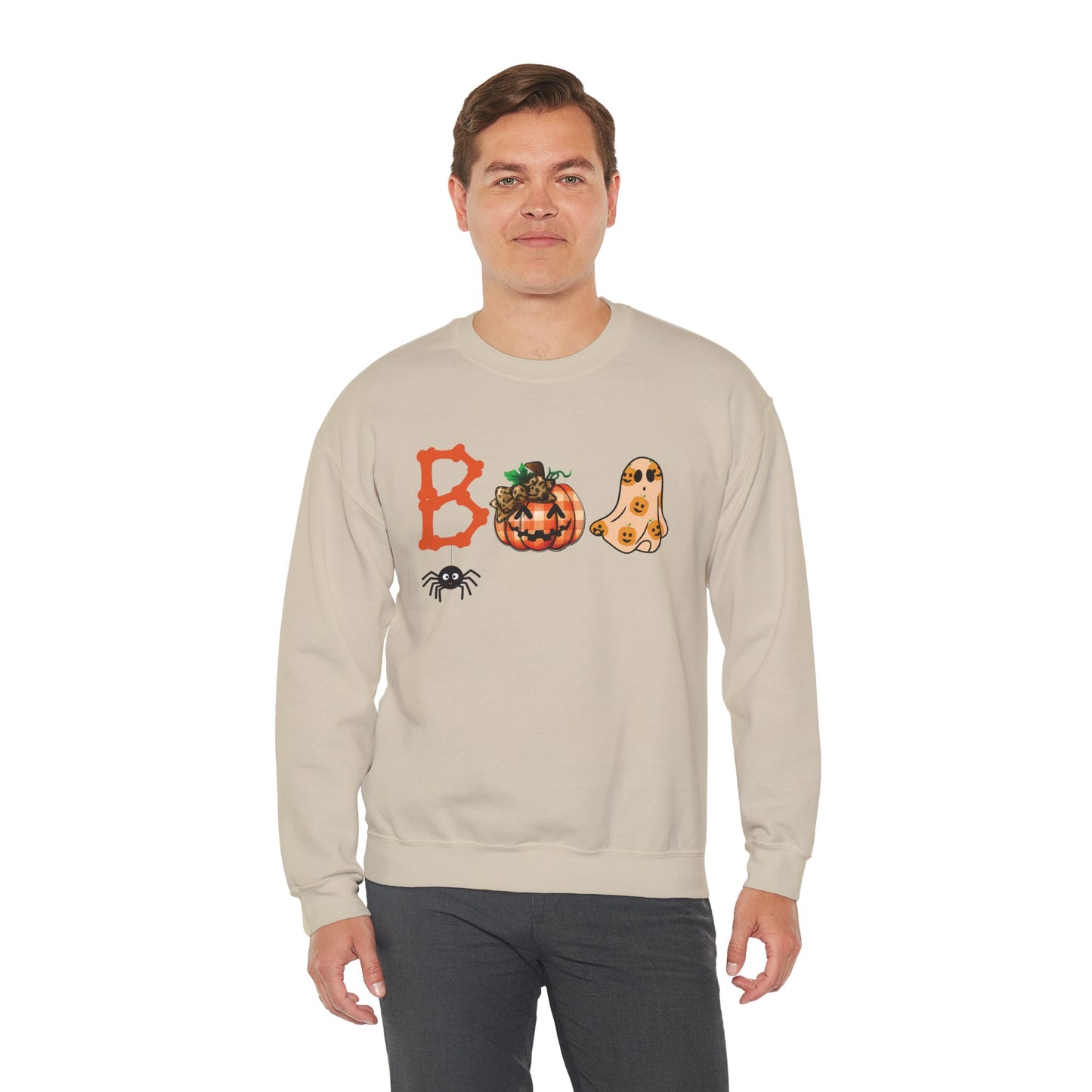BOO Halloween Sweatshirt – Unisex Cozy Fall Crewneck with Pumpkin, Ghost &amp; Spider Design
