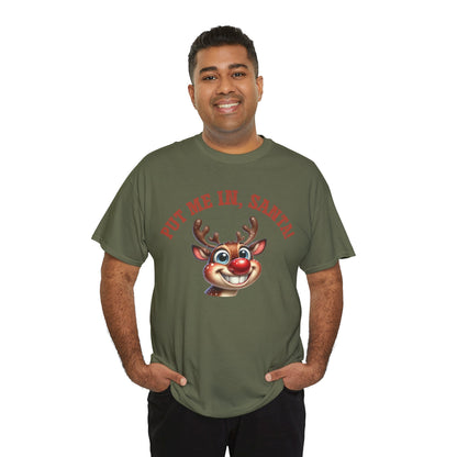 Put Me In, Santa Smiling Deer Unisex Heavy Cotton Tee – Fun and Festive Christmas Shirt