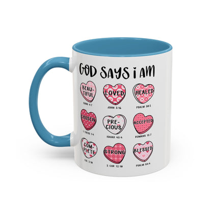 God Says I Am Inspirational Mug – Heart Design with Bible Verses, Comfort Grip Handle Accent Coffee Mug (11oz)