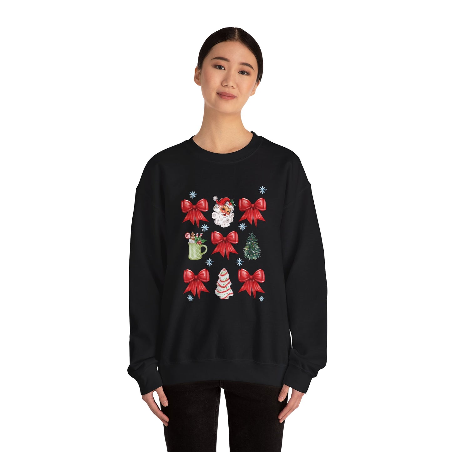 “Festive Santa & Bows” Sweatshirt – Cozy Unisex Blend for Holiday Cheer