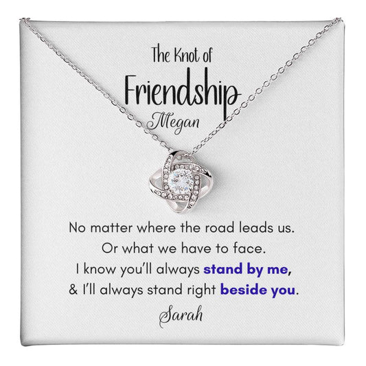 Love Knot Friendship Necklace on message card with knot-shaped cubic zirconia pendant, adjustable chain, and personalized friendship message displayed.