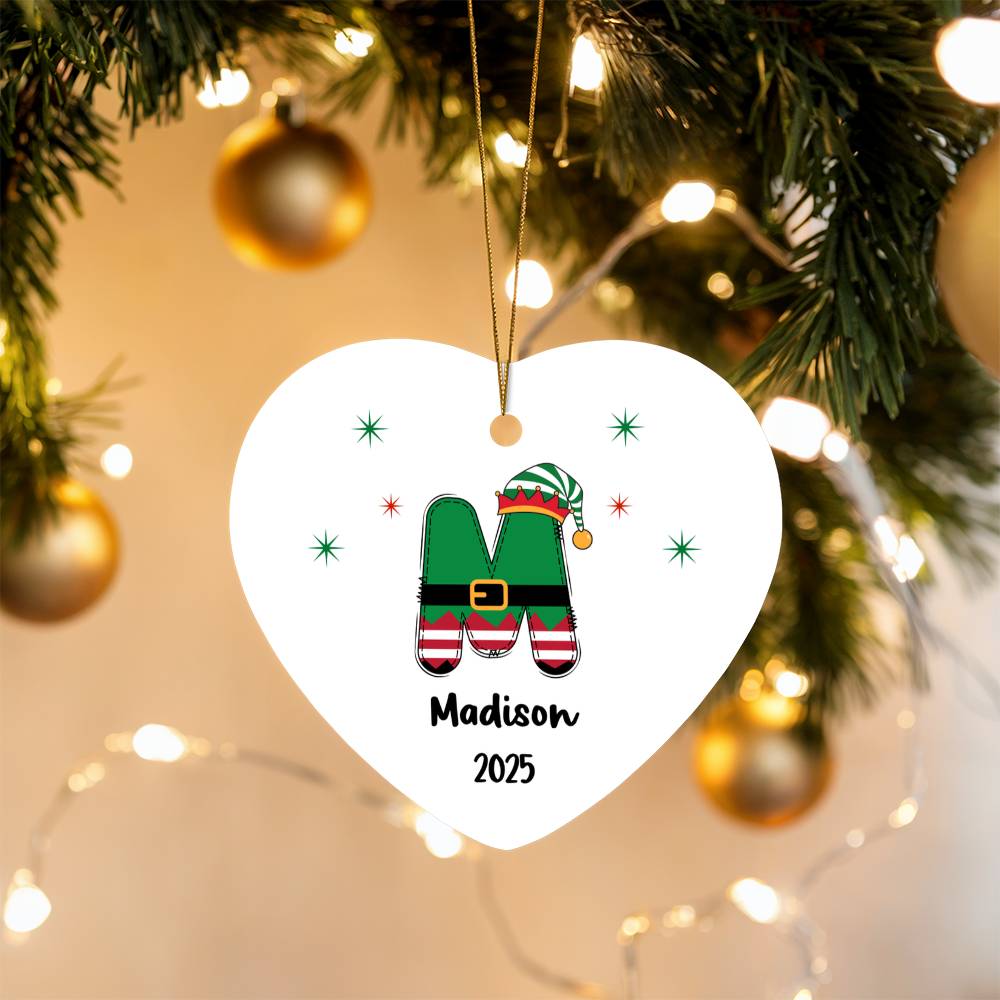 Personalized Elf Initial Heart Ornament 2025 – Custom Christmas Keepsake with Name; Year