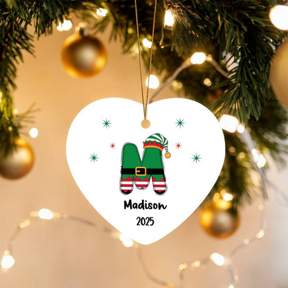 Personalized Elf Initial Heart Ornament 2025 – Custom Christmas Keepsake with Name; Year
