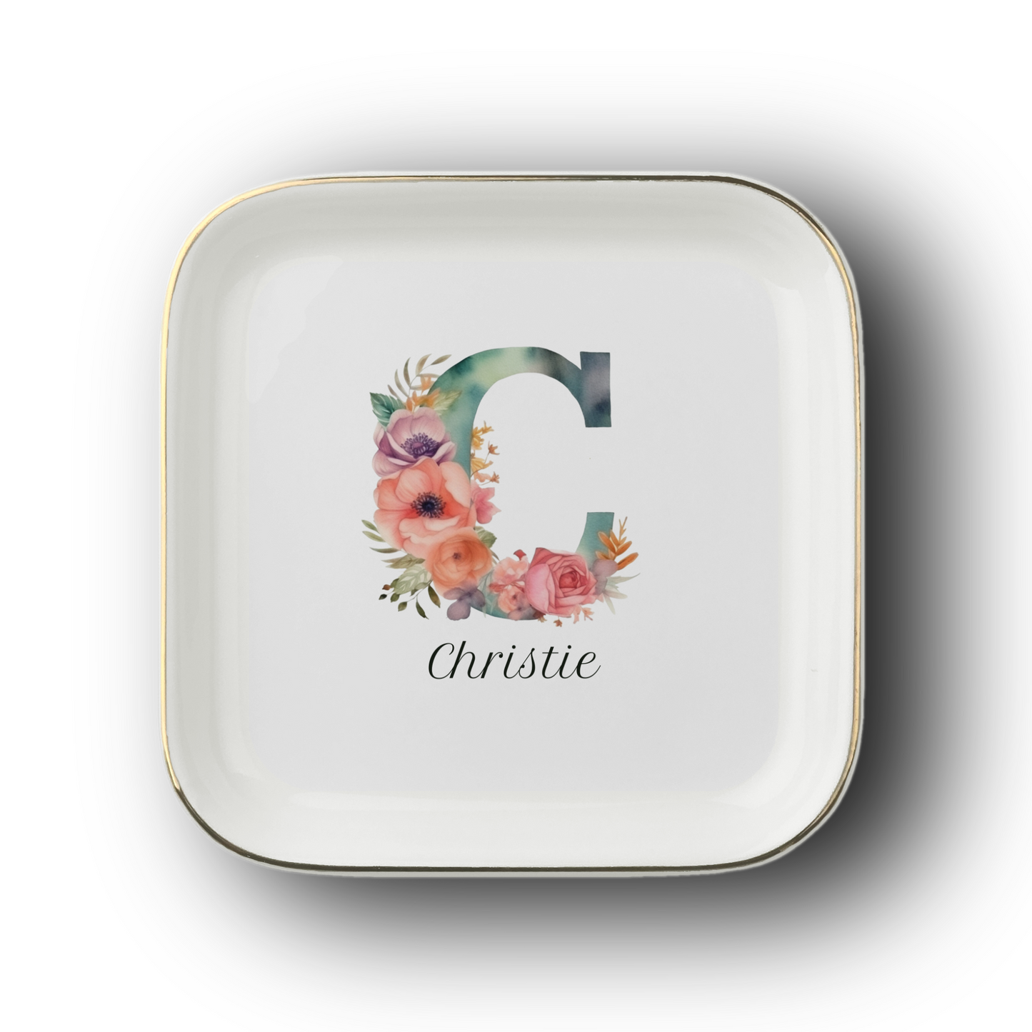 Personalized Floral Initial Jewelry Dish – Custom Ceramic Ring Holder