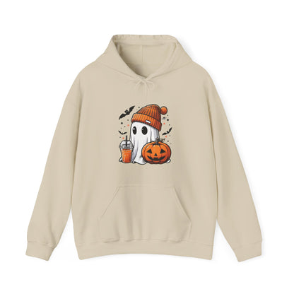 Cute Halloween Ghost in Beanie Unisex Heavy Blend Hooded Sweatshirt - Cozy Autumn Coffee Lover Pullover Hoodie