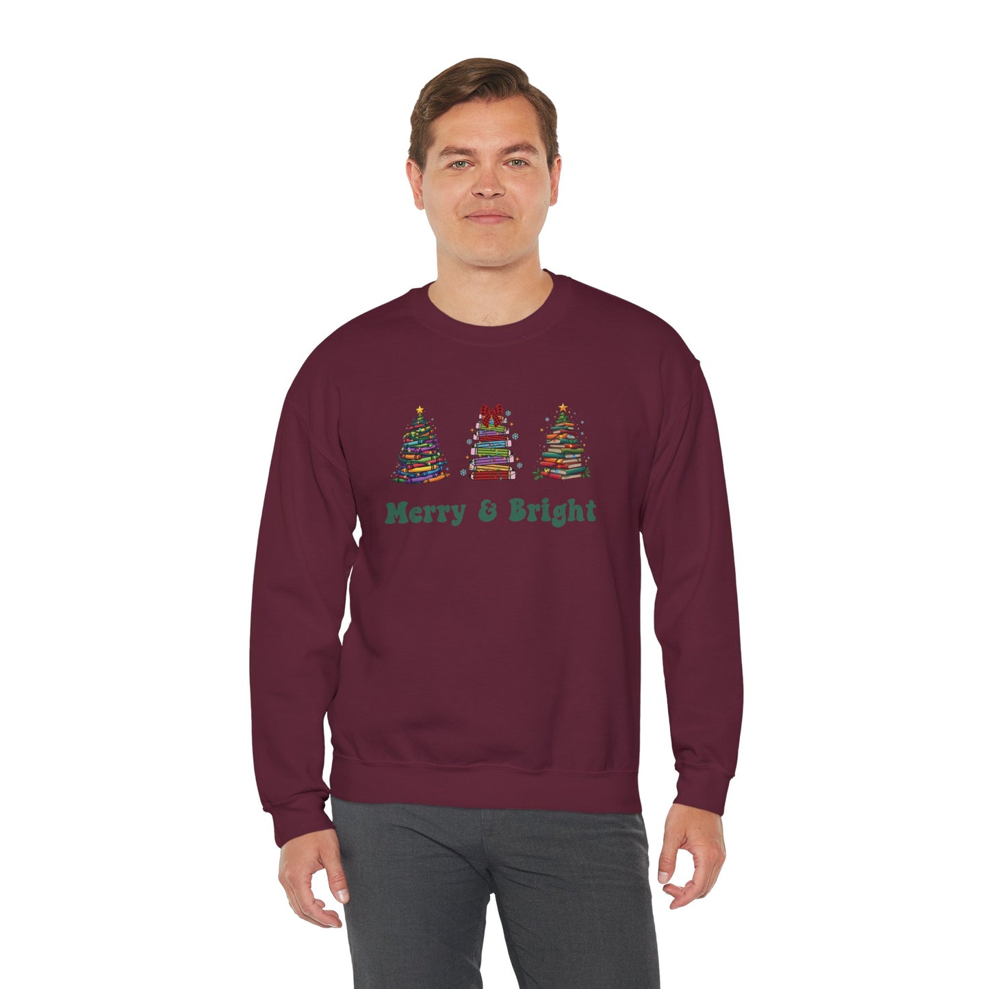 Merry & Bright Crayon, Pencil, and Book Christmas Sweatshirt | Cozy Unisex Holiday Crewneck