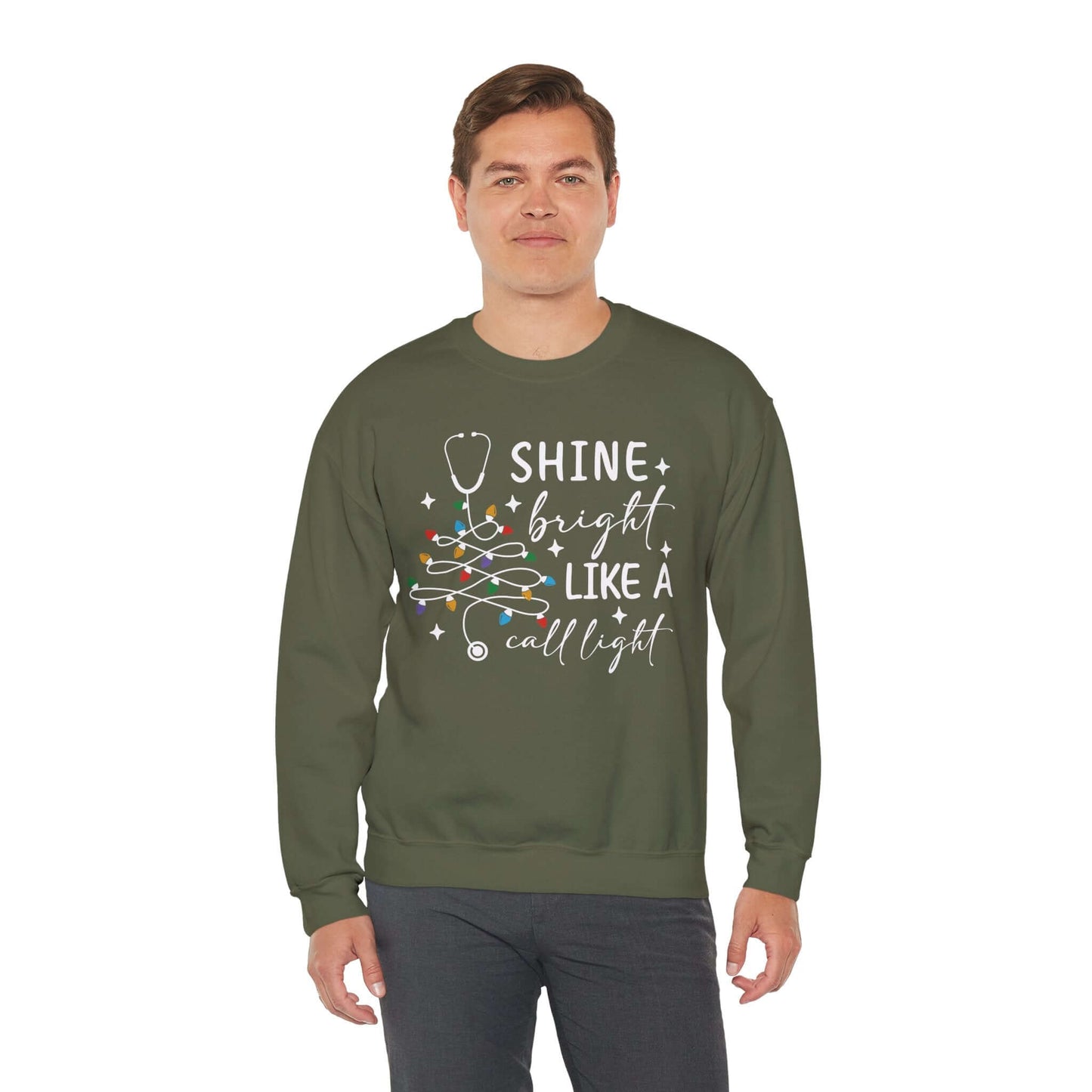 Shine Bright Like a Call Light Christmas Nurse Sweatshirt – Unisex Cozy Stethoscope Tree Crewneck for Healthcare Workers