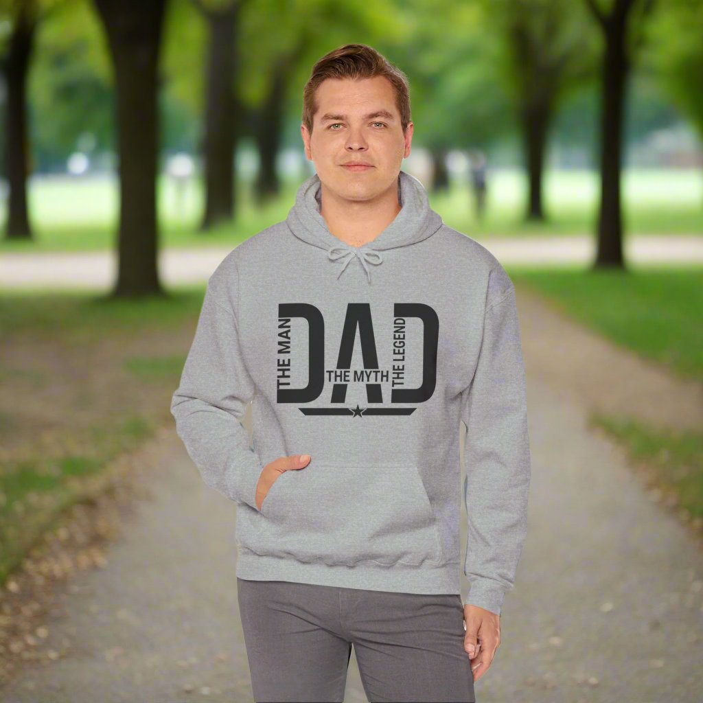 Gray hooded sweatshirt with the word Dad on it with a large kangaroo pocket.