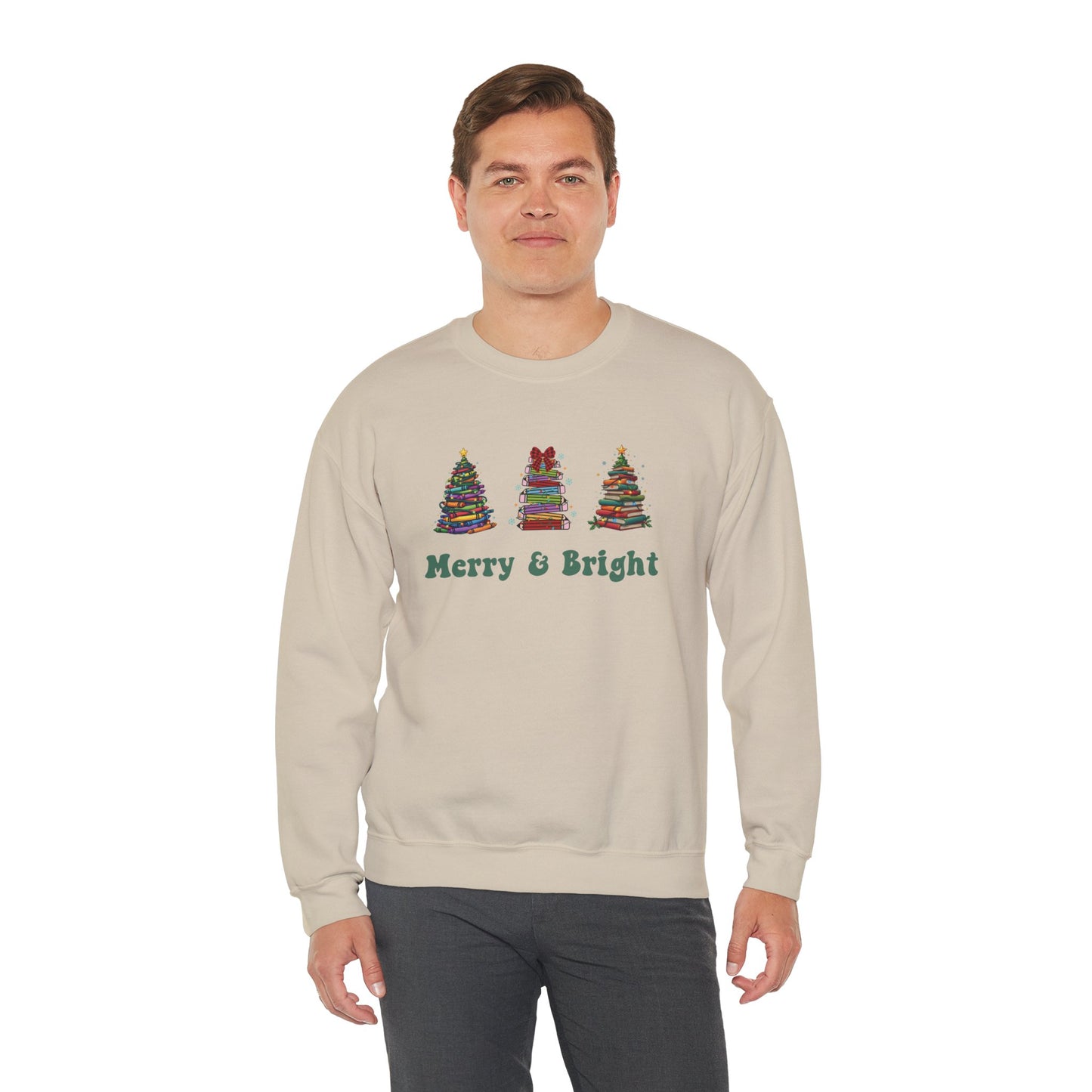 Merry & Bright Crayon, Pencil, and Book Christmas Sweatshirt | Cozy Unisex Holiday Crewneck