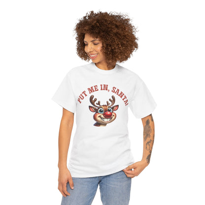 Put Me In, Santa Smiling Deer Unisex Heavy Cotton Tee – Fun and Festive Christmas Shirt