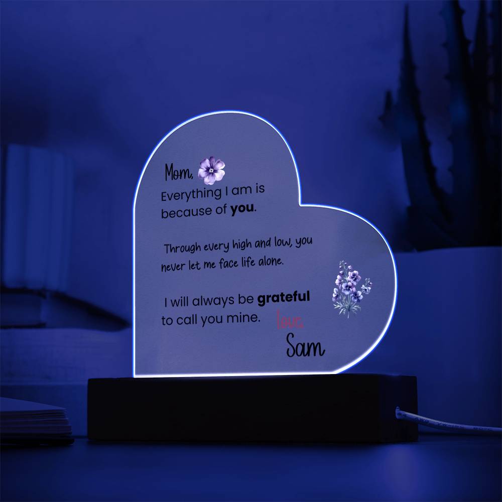 Personalized Mom Acrylic Heart Plaque with LED Light Base – Sentimental Mother Gift from Daughter or Son – Mother’s Day, Birthday, Keepsake Decor