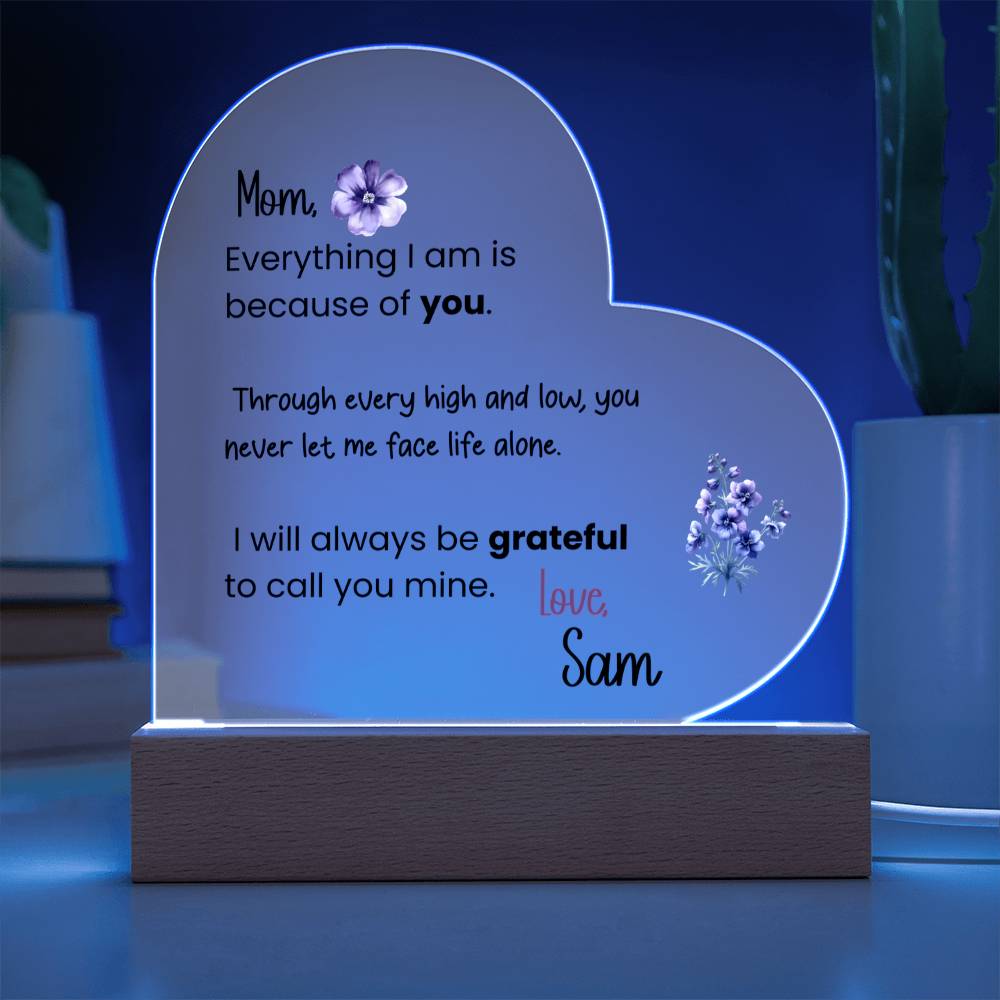 Personalized Mom Acrylic Heart Plaque with LED Light Base – Sentimental Mother Gift from Daughter or Son – Mother’s Day, Birthday, Keepsake Decor