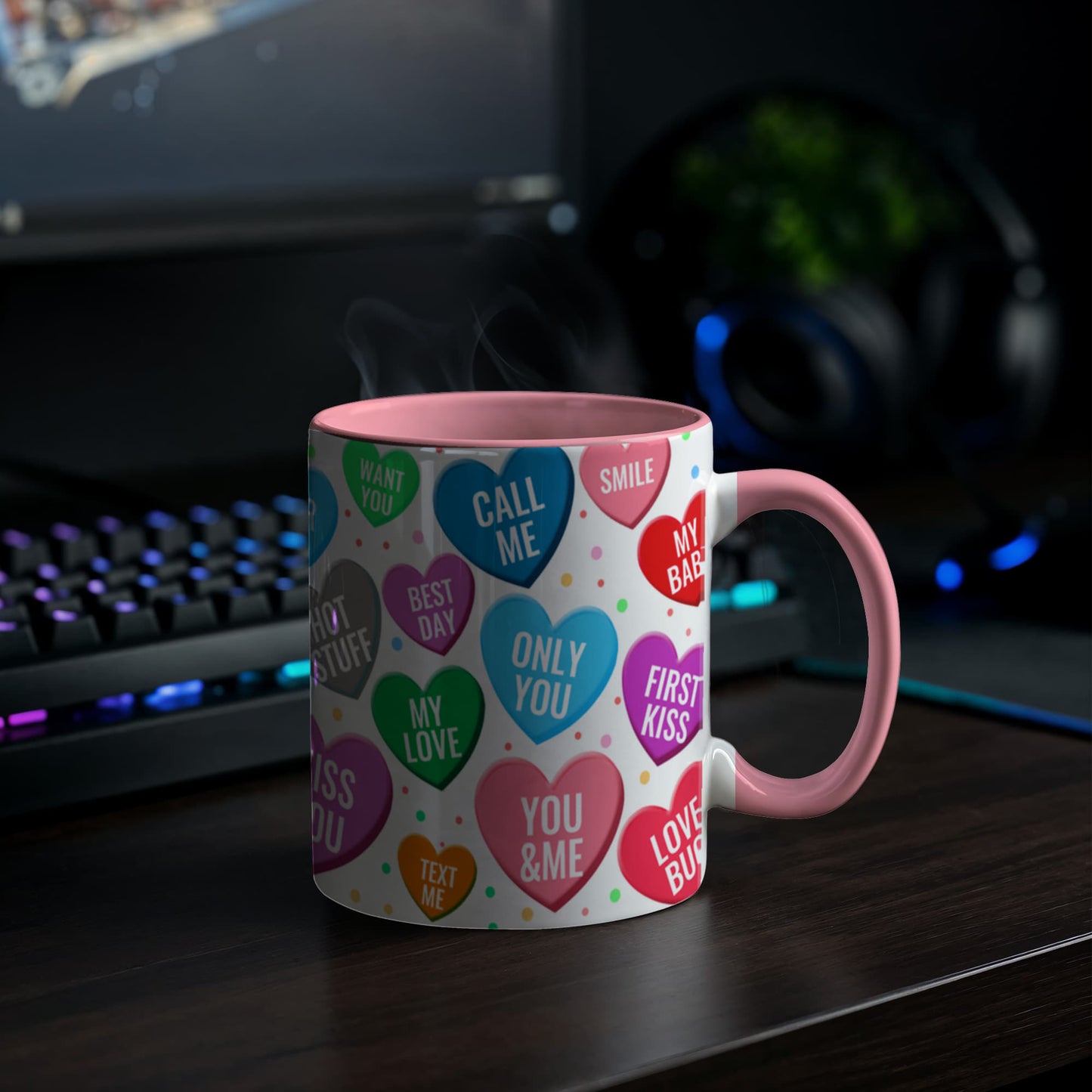 Conversation Hearts Mug | Personalized Color Accent Coffee Mug | Valentine's Day Gift | 11oz &amp; 15oz Ceramic Mug | Dishwasher Safe