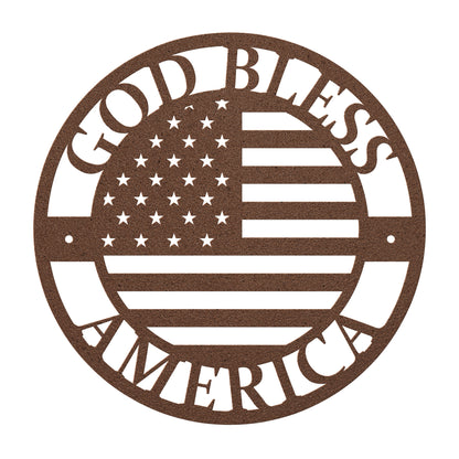 Patriotic "God Bless America" metal wall art sign with powder-coated finish, perfect for indoor and outdoor patriotic home decor