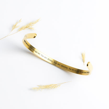 Inspirational Cuff Bracelet - "Believe in Yourself" Engraved Stainless Steel in Gold, Rose Gold, Silver