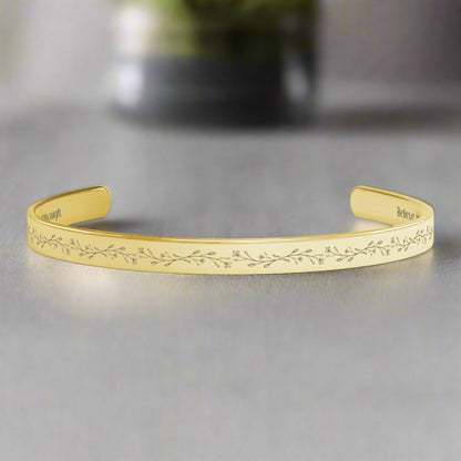 Inspirational Cuff Bracelet - "Believe in Yourself" Engraved Stainless Steel in Gold, Rose Gold, Silver