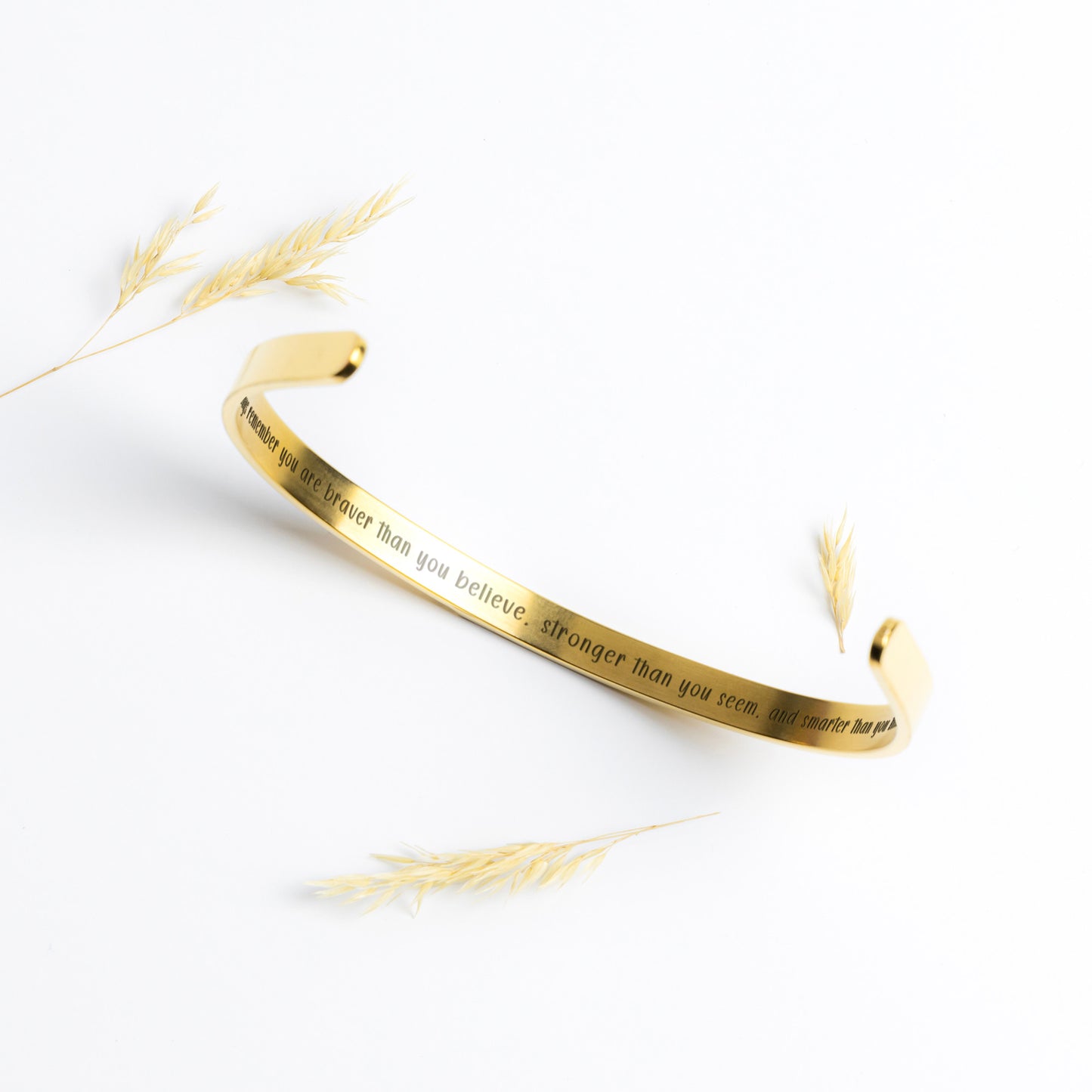 Inspirational Cuff Bracelet - "Braver, Stronger, Smarter" Engraved Stainless Steel in Gold, Rose Gold, Silver