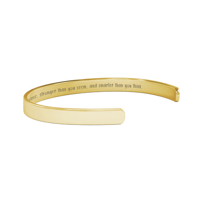 Inspirational Cuff Bracelet - "Braver, Stronger, Smarter" Engraved Stainless Steel in Gold, Rose Gold, Silver