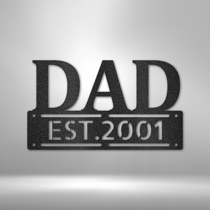 Personalized metal wall sign reading "DAD EST 2001" with customizable year, perfect Father's Day or new dad gift