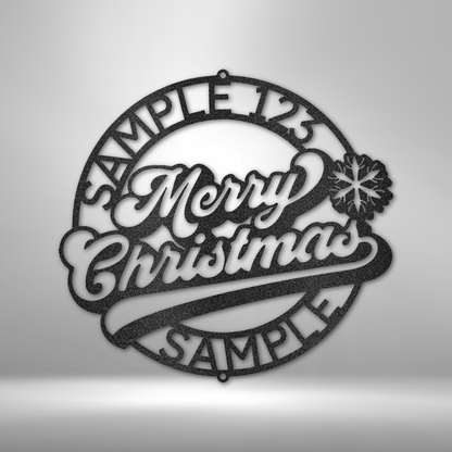 Personalized Christmas steel sign featuring "Merry Christmas" text with decorative snowflake and banner design, customizable with family name, shown in dark metal finish against white background