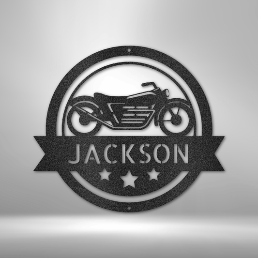 Black custom steel sign featuring a motorcycle silhouette and the name "Jackson" in bold cut-out letters, perfect for garages or biker-themed spaces