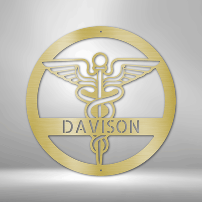 Custom Caduceus Medical Symbol Metal Wall Art with Personalized Name "Davison" – Black Steel Doctor/Nurse Office Sign