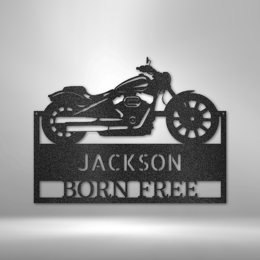 Personalized "Born Free" motorcycle metal sign with customizable name, powder coated black 16-gauge steel wall art for indoor or outdoor display