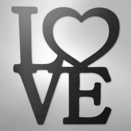 Black powder coated laser-cut metal LOVE wall sign with heart cutout — 16 gauge mild steel indoor outdoor home decor, available in multiple sizes, ideal as a wedding gift or Valentine's Day wall art.
